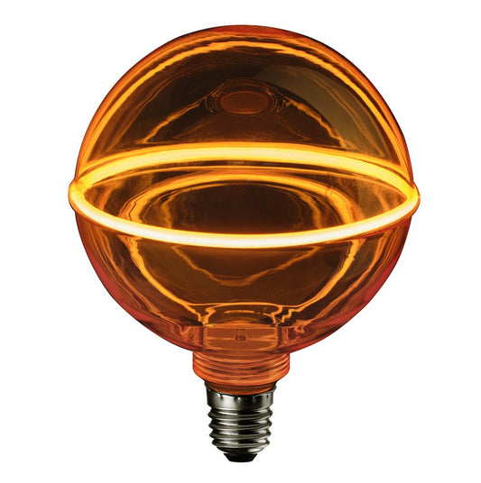Guld LED-lampa med elegant lysande linjeeffekt och varmvit 1800K. LED-lampa i öppen armatur – dekorativ belysning i fokus. Dekorativ LED-glödlampa Glow Line 1 Guld, dimbar E27, 130×164 mm.