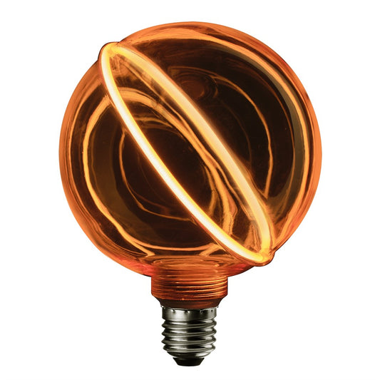 Dekorativ LED-glödlampa Glow Line 2 Guld, dimbar, E27, 130×164 mm. Närbild på Glow Line 2 Guld med ljuslinje genom glaset.