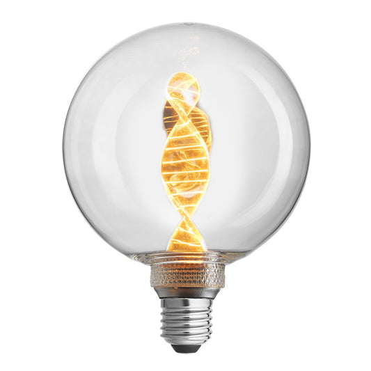 DNA Globen Klar LED-glödlampa med snirklade DNA-spiraler och klar glaskupa.  DNA Globen Klar LED-lampa i öppen armatur – konstnärlig och dekorativ belysning.