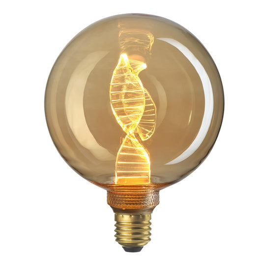 DNA Globen Guld LED-glödlampa med guldfärgat glas och spiralmönster. Dekorativ globlampa DNA Globen Guld, E27, 3-steg dimbar, 125×164 mm.