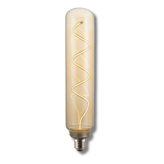 Tuben Guld LED-lampa med spiralformad glödtråd i långsmal tubdesign. Dekorativ tubformad LED-lampa i guldglas, varmvit 1800K. Närbild på Tuben Guld LED-lampa med E27 sockel och unik glödtråd.