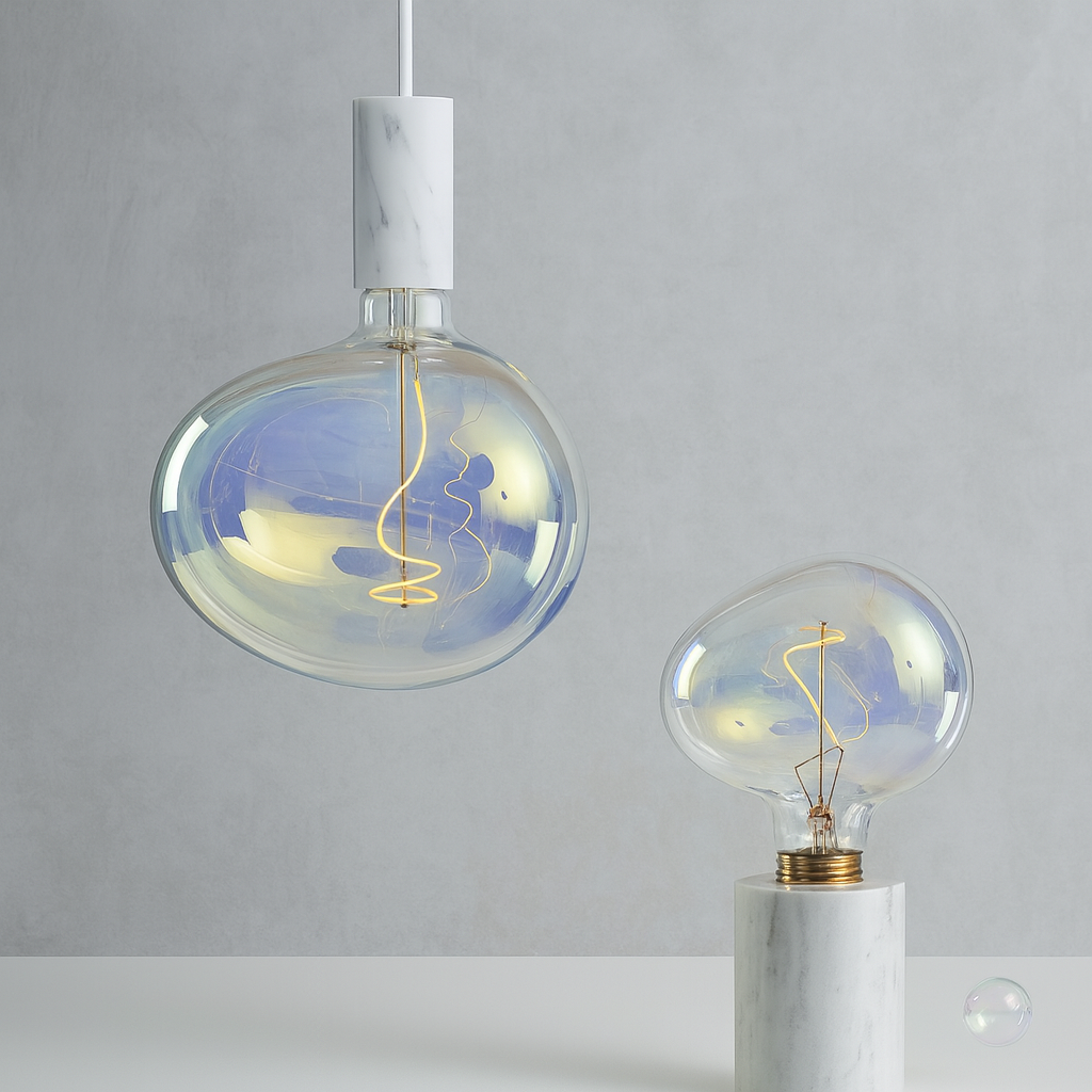 Bubblan LED glödlampor med skimrande glas i modern inredning. Designlampor Bubblan i olika storlekar – unik bubbelform och dekorativ belysning. Bubblan Stor och Liten LED glödlampor i skimrande glas, stilren miljöbild.