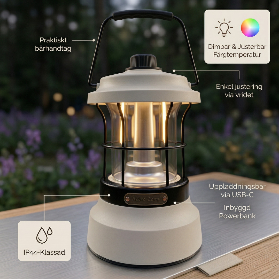 Retro campinglampa med dimbar LED, IP44-klassning, uppladdningsbar via USB-C och inbyggd powerbank
