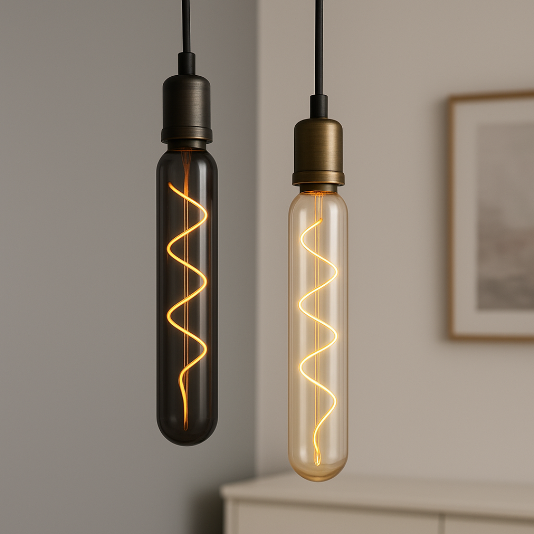 LED-lampa Tuben i svart tubform med full spridning 360°. Modern inredning med Tuben Svart och Tuben Guld LED-lampor som pendelbelysning. Stilrena tubformade LED-glödlampor i upphäng, E27 sockel, svart och guld glas.