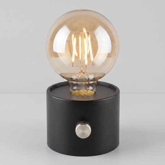 Batteridriven svart bordslampa med dimbar LED-glödlampa och trådlös design för mysig stämningsbelysning inomhus
