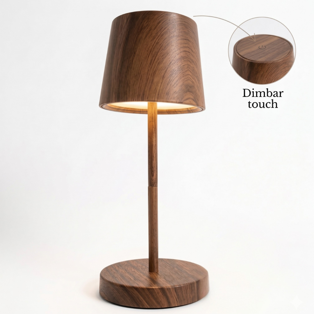 Dimbar bordslampa i naturträ med touchfunktion och uppladdningsbar LED