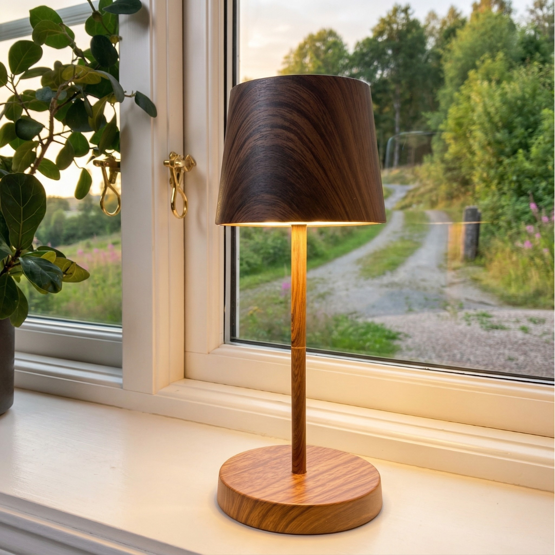 Trådlös bordslampa i naturträ med varm LED-belysning i fönster