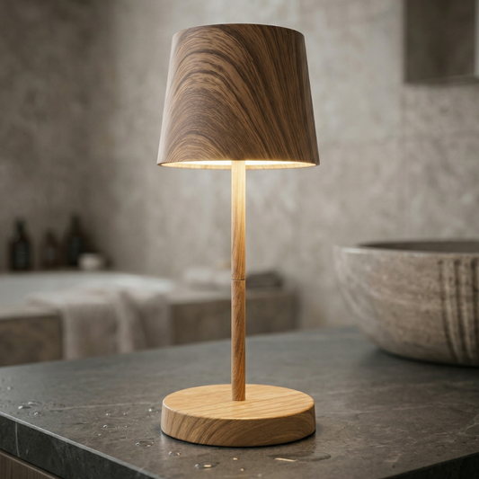 Bordslampa i naturträ med trådlös uppladdningsbar LED placerad på stenbänk