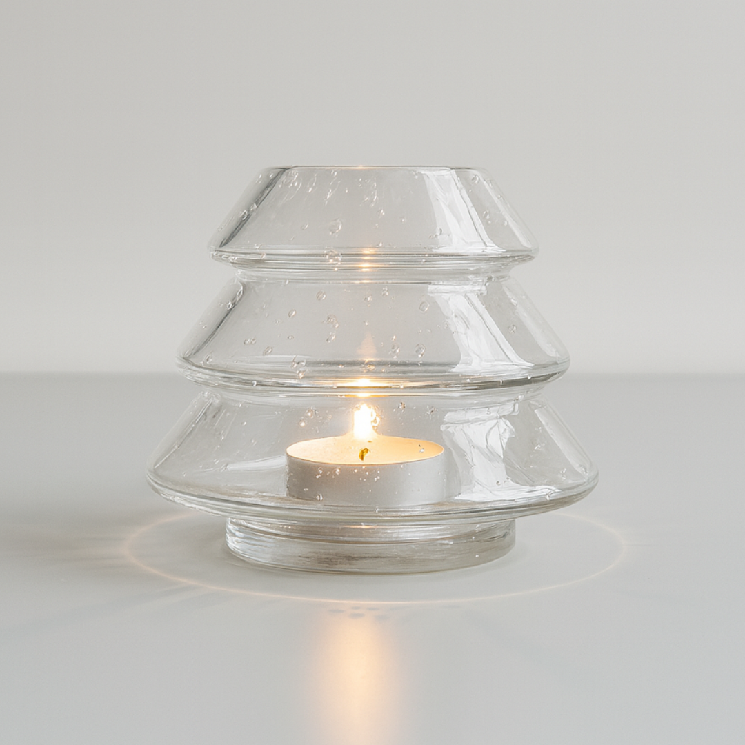 Ljuslykta i granform av klart munblåst glas med luftbubblor – sprider ett vackert ljusspel. jullykta i glas med mysig sken.  Handgjord granlykta i transparent glas – elegant ljushållare för värmeljus. Klar glaslykta i granform som reflekterar ljuset och skapar mysig stämning i hemmet.
