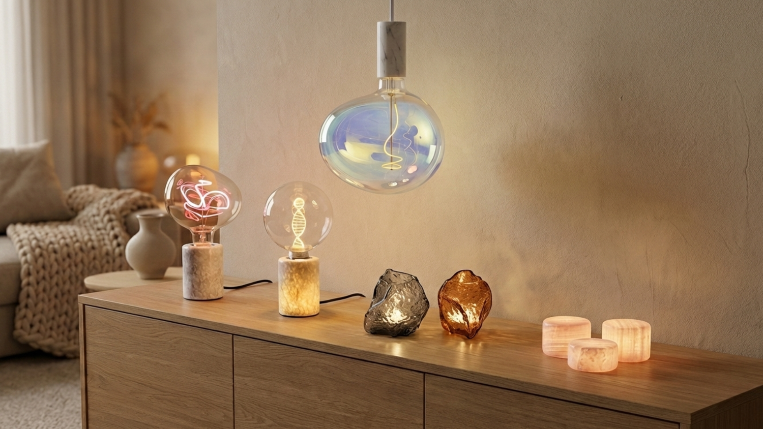 Mysig belysning i vardagsrummet. Olika varianter av mysig bordsbelysning i hemmet. Snygga bordslampor i äkta marmor.
