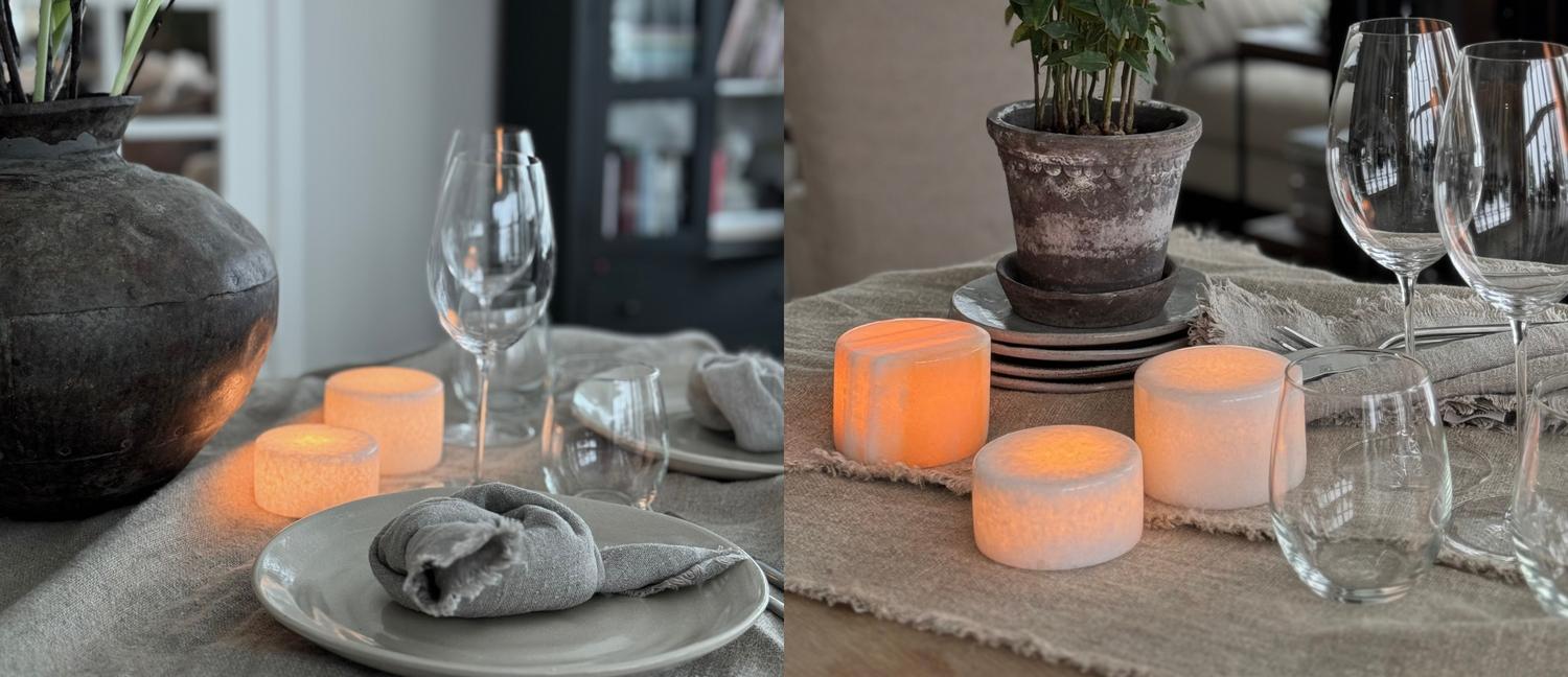 mysig lampa på matbordet. Mysig belysning i köket. Duka med marmorstenar. Mysig dukning med äkta marmor.