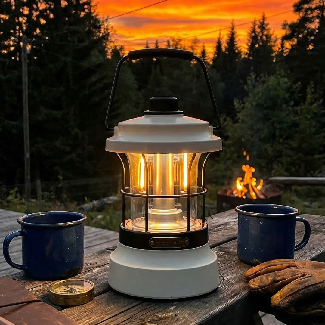 Retro campinglampa med uppladdningsbar LED på träbord utomhus vid solnedgång