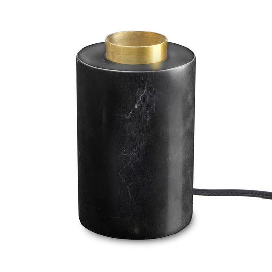 Svart matt marmor bordslampa med mässingsdetalj och E27 sockel – exklusiv lampfot. Lampfot i svart marmor med textilkabel – exklusiv bordslampa för designglödlampor.