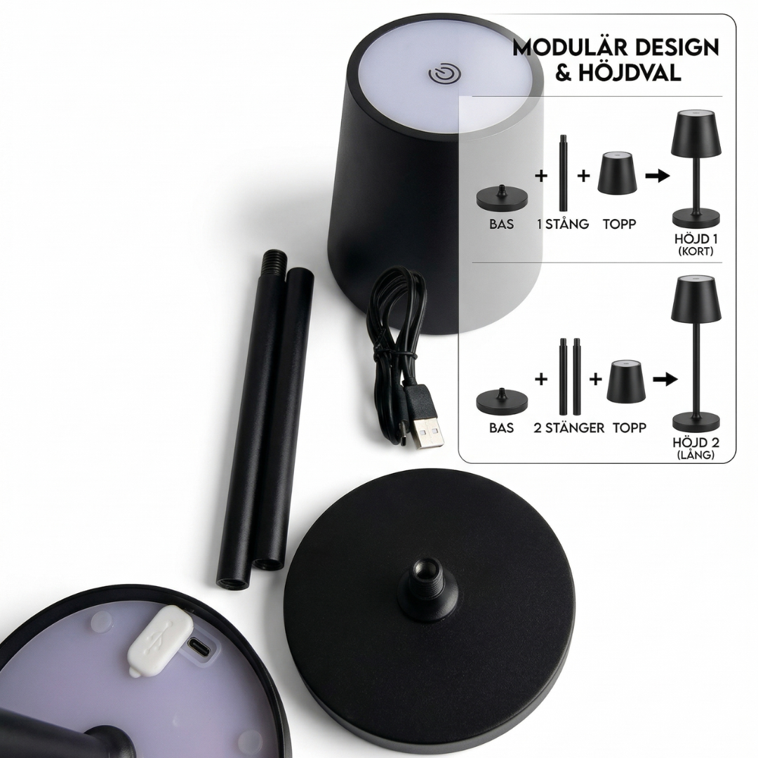 Trådlös bordslampa med justerbar höjd i två nivåer och modulär design IP44