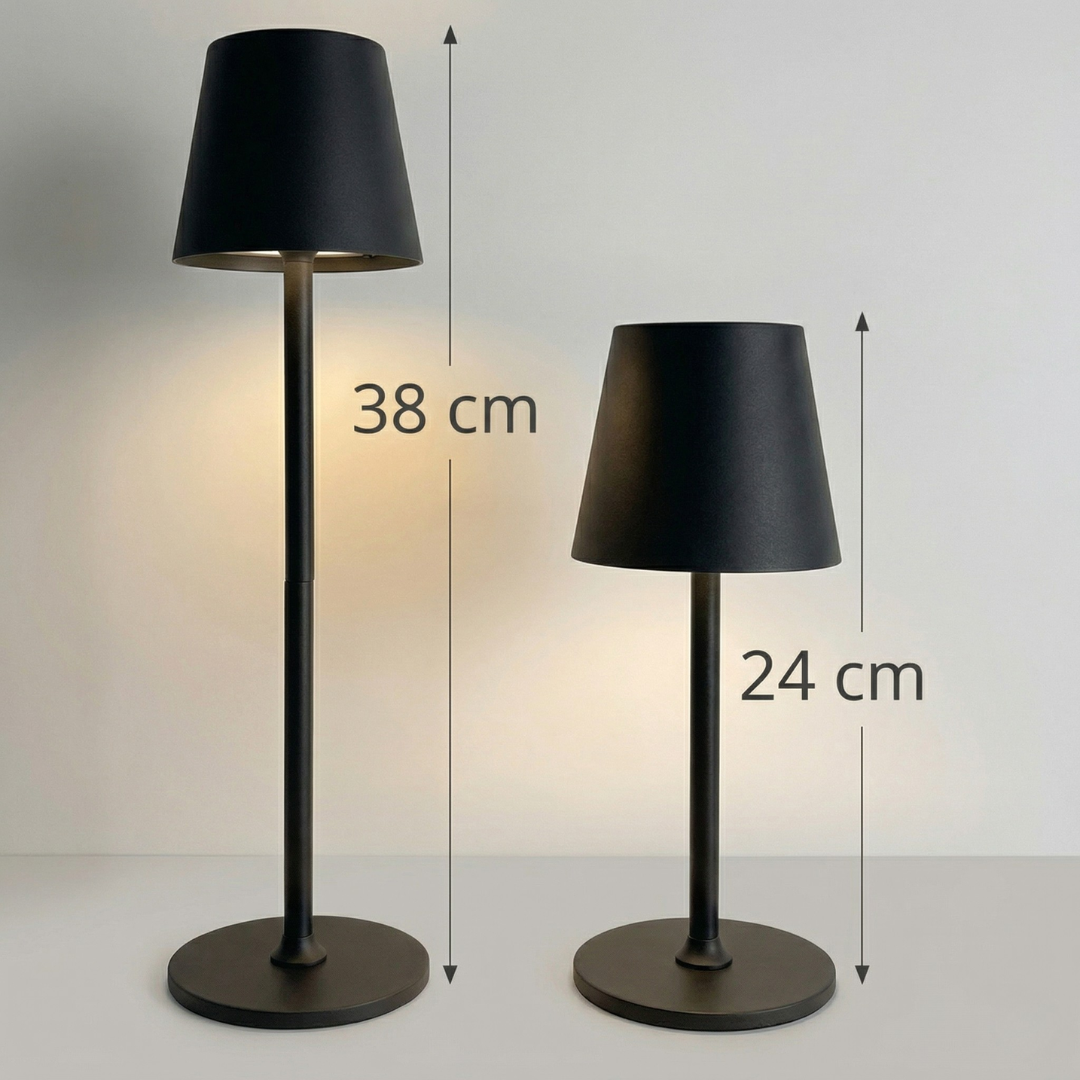Trådlös svart bordslampa i två höjder 24 cm och 38 cm med uppladdningsbar LED