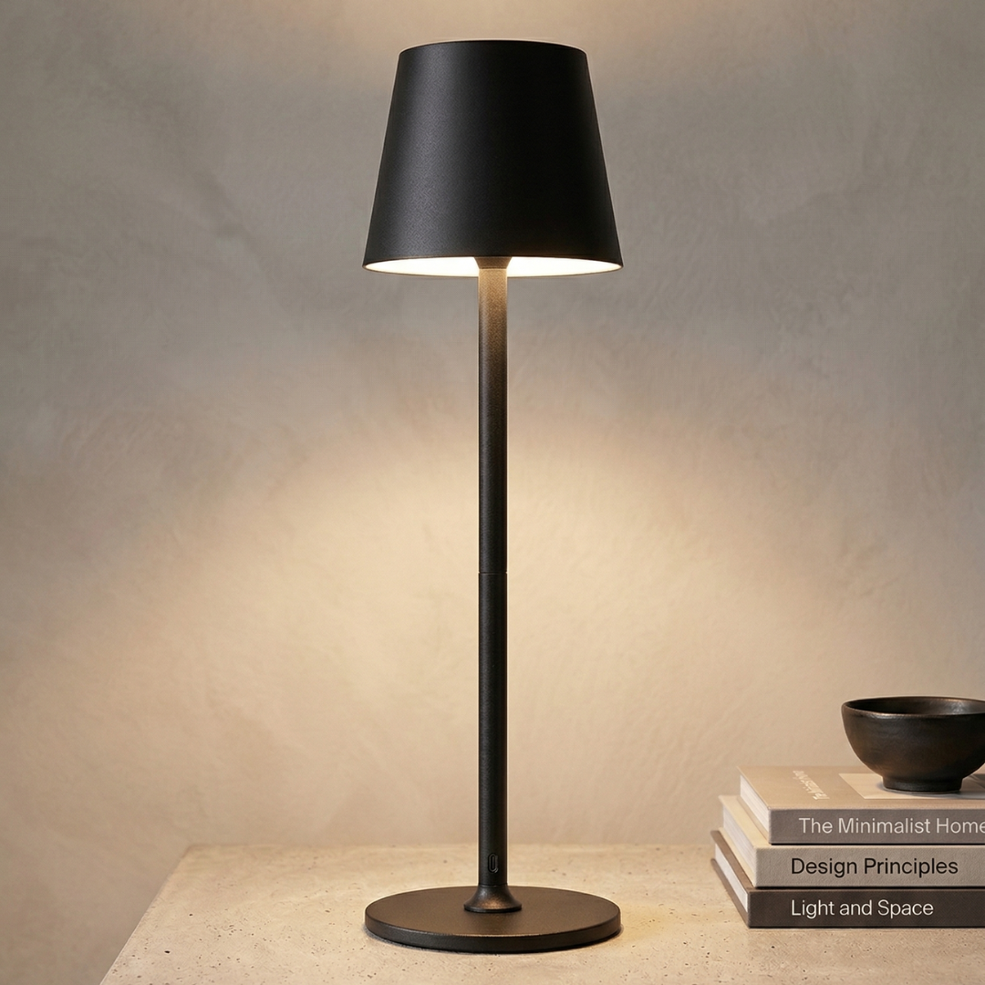 Trådlös svart bordslampa med uppladdningsbar LED och IP44-klassning