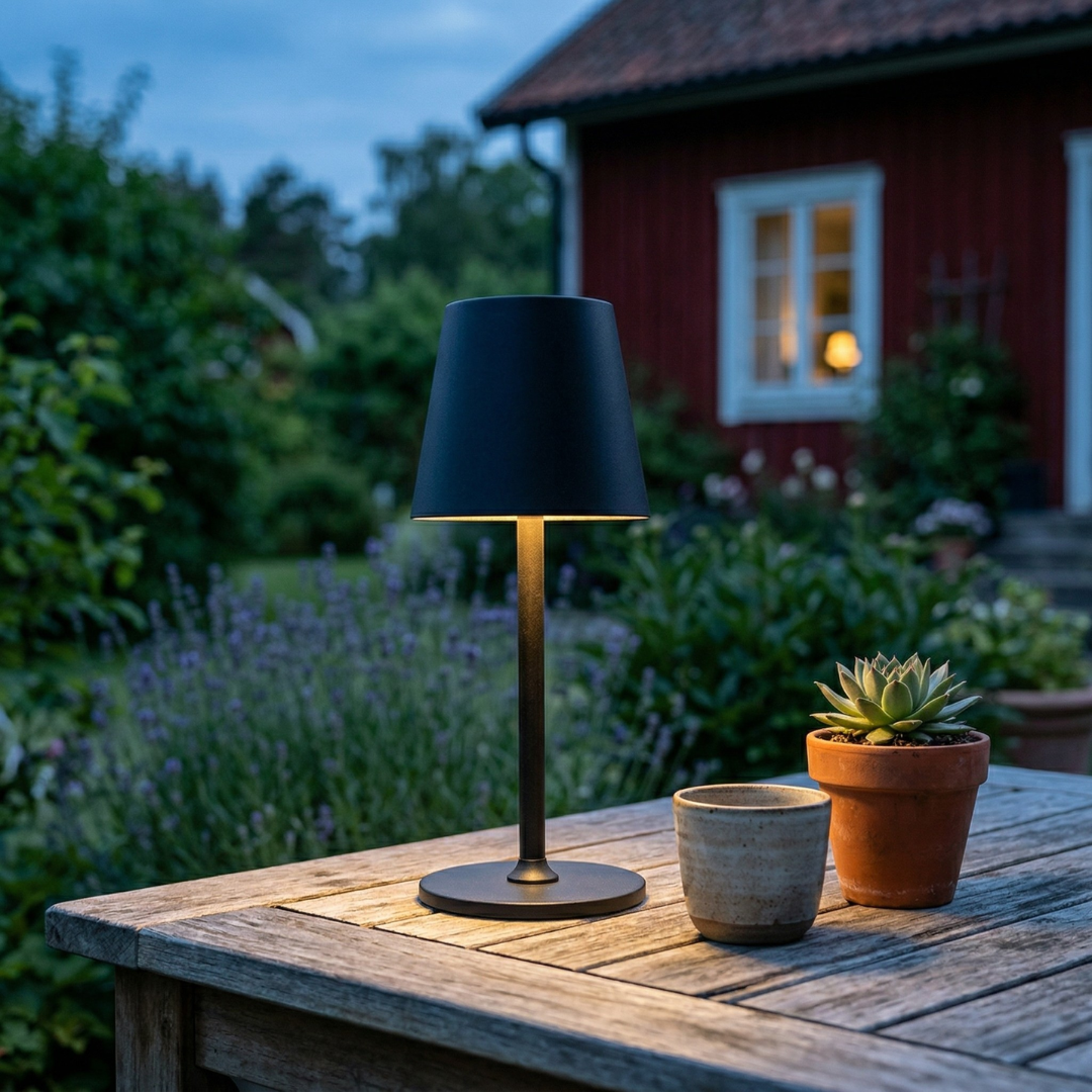 Trådlös svart bordslampa med IP44 på uteplatsbord i trädgård