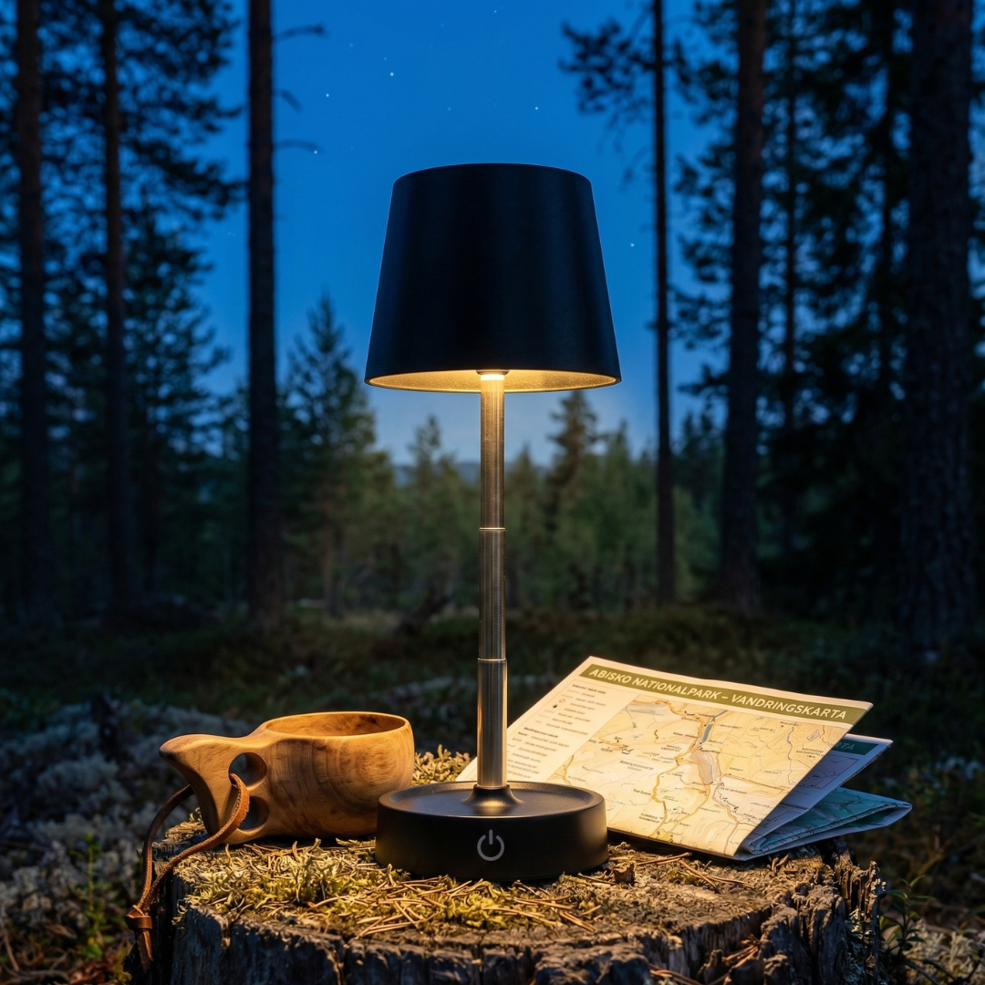 Svart trådlös teleskopisk bordslampa med LED-belysning använd utomhus vid camping i skogsmiljö