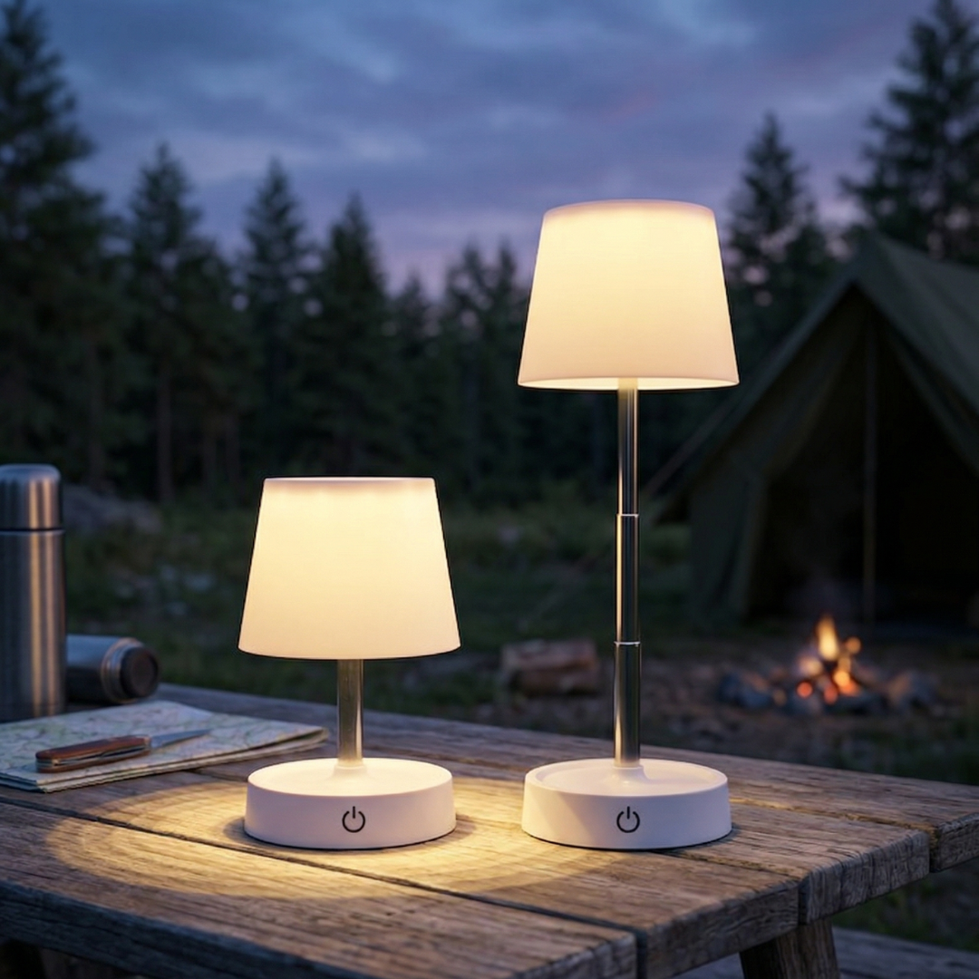 Trådlös teleskopisk bordslampa i vit design för utomhusbruk och camping med IP44